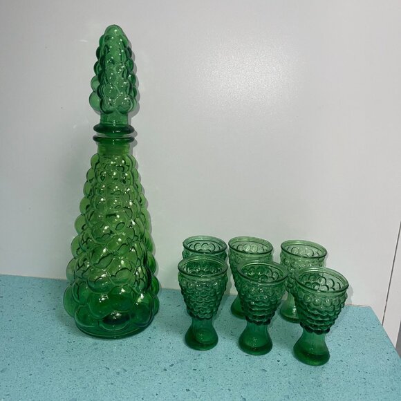 MCM Glasses Green Bubble Genie Bottle Decanter With Cordial Set of 6 - Picture 1 of 10